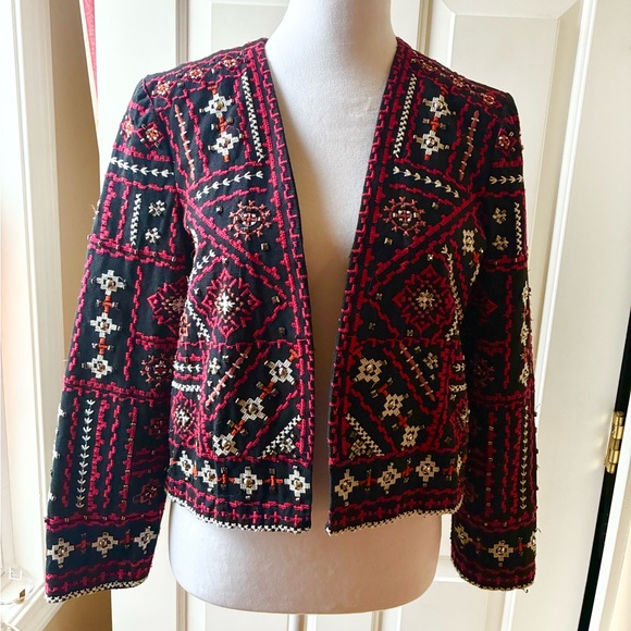 ZARA Women Ethnic Boho Embroidered/Beaded Jacket Red & Black Size M - Picture 3 of 15